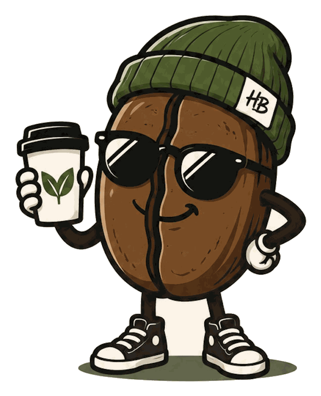 Harry, our beanie-wearing coffee bean mascot