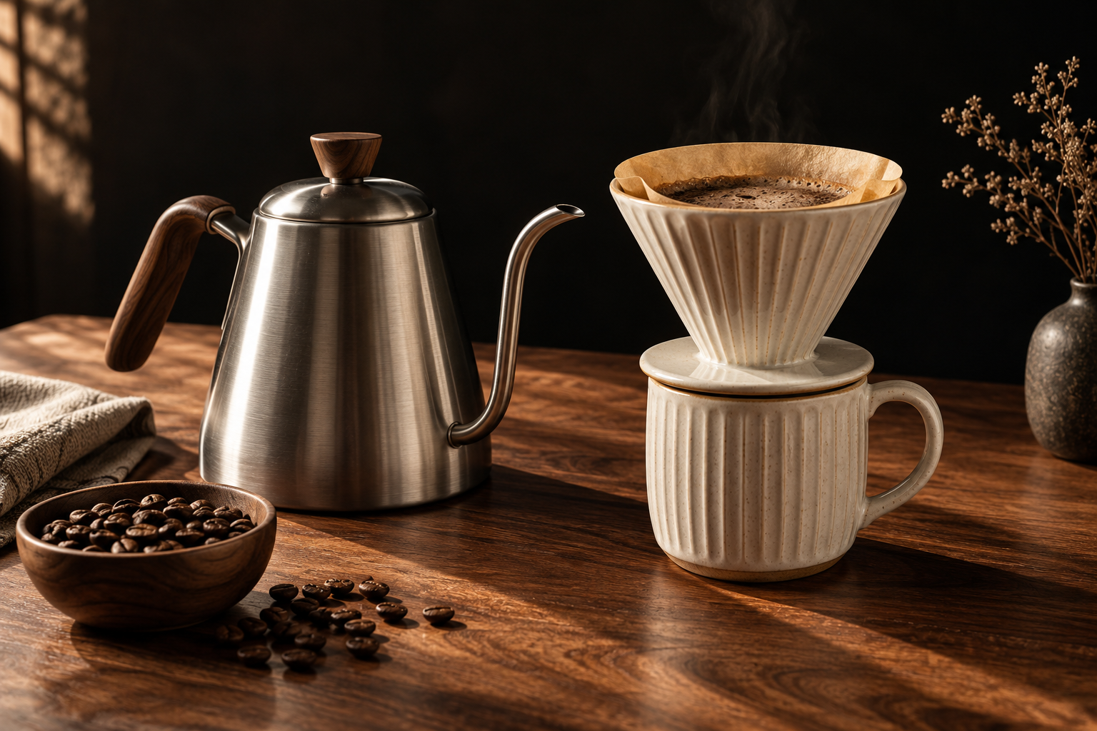Coffee brewing tools on a walnut counter