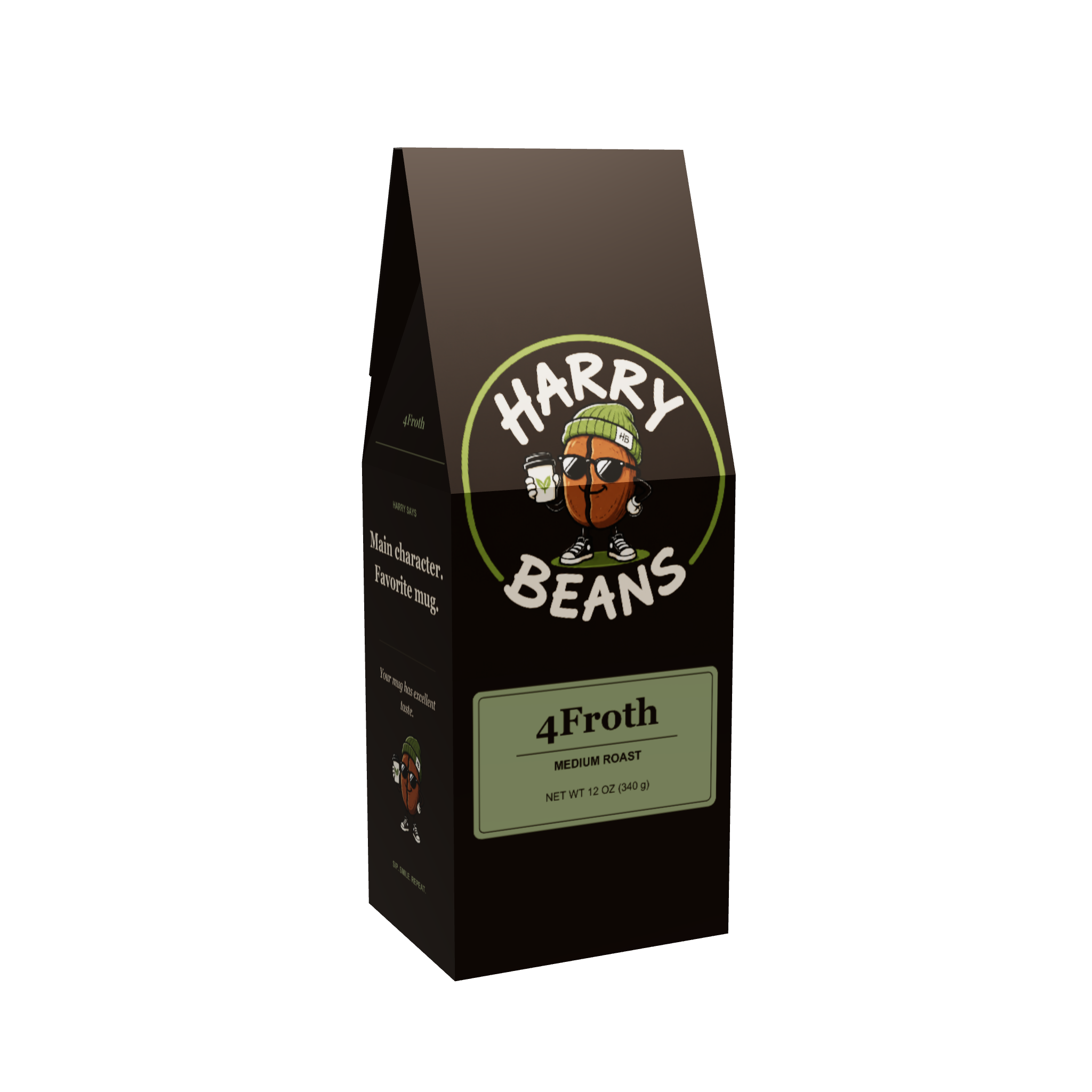 4Froth — Harry Beans 12 oz locking-tab package, Roastify product mockup