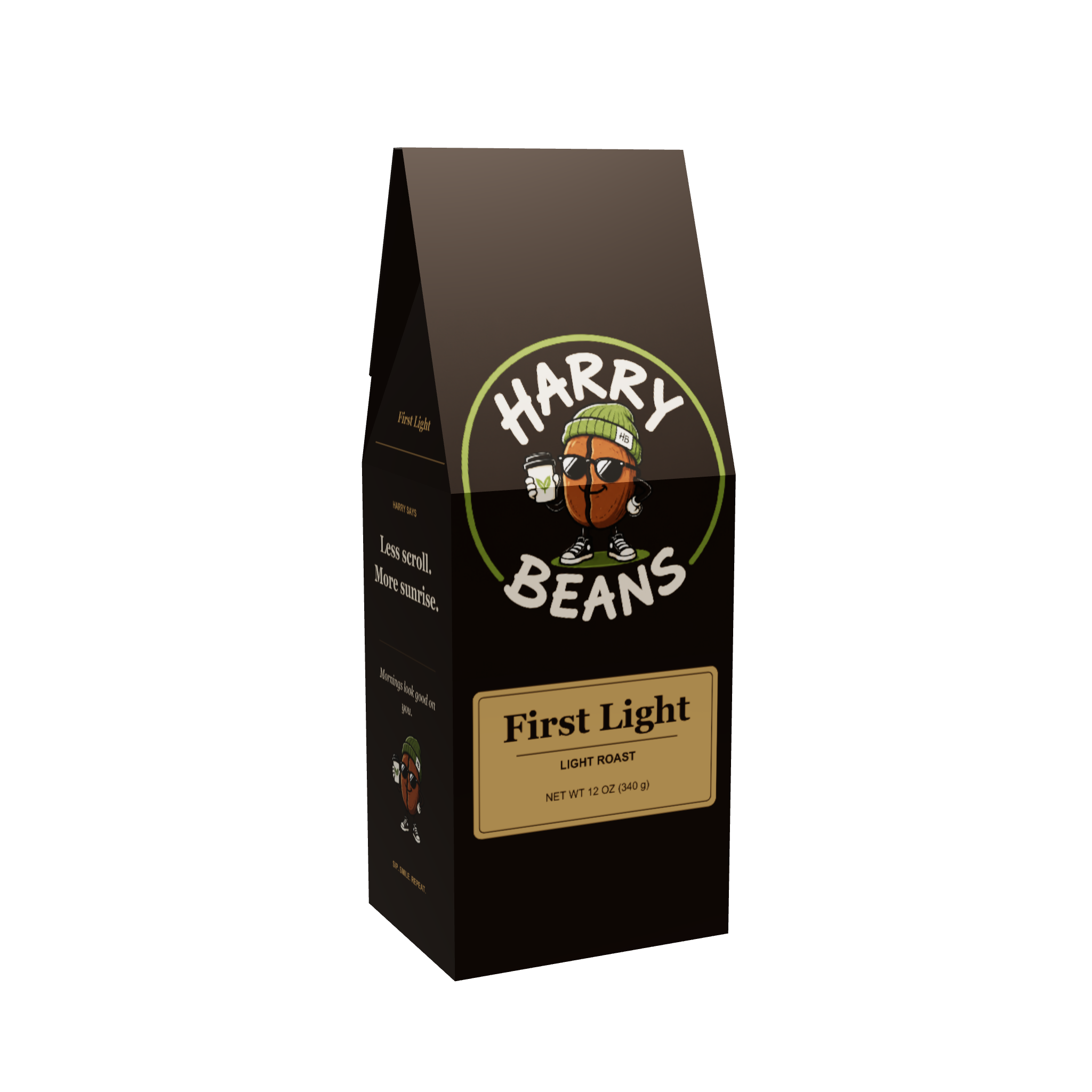 First Light — Harry Beans 12 oz locking-tab package, Roastify product mockup